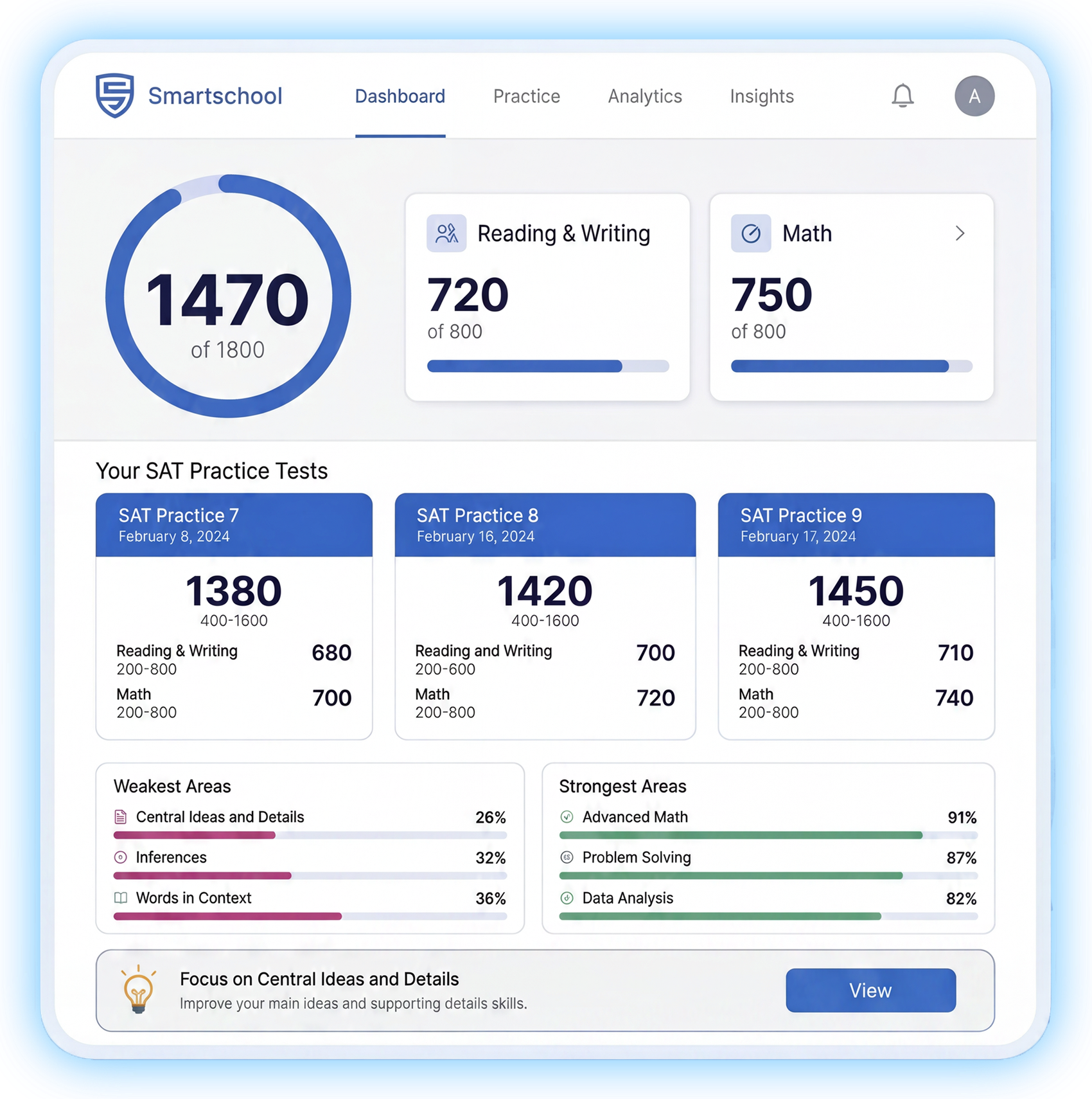Smartschool SAT practice tests and score tracking
